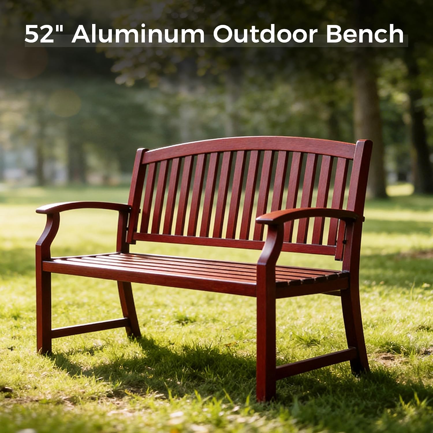 Grand patio 52" Farmhouse Outdoor Bench, Garden Benches with Anti-Rust Aluminum Powder Coated Frame, Faux Wood Grain Finish Frame Patio Bench for Front Porch, Red