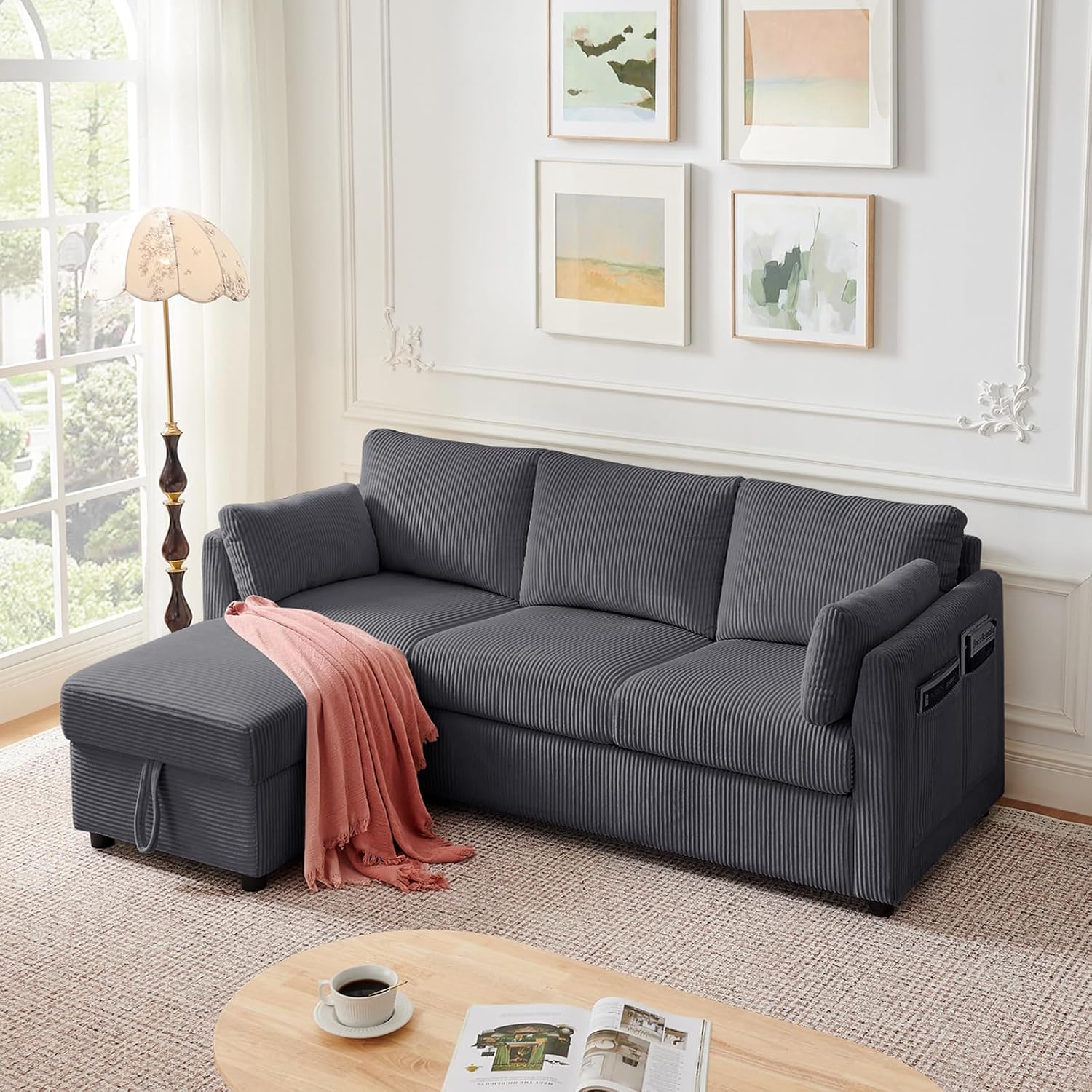 Corduroy Storage Ottoman for Living Room Sofas Couches, Square Ottoman with Storage Space Foot Rest Stool for Apartment, Dorm, Entryway, Grey