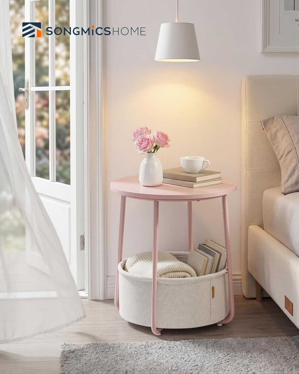 SONGMICS HOME Small Side Table, Round End Table, 2 Tier Nightstand with Basket, U Shaped Steel Legs, Easy Assembly, for Living Room, Bedroom, Pink and White