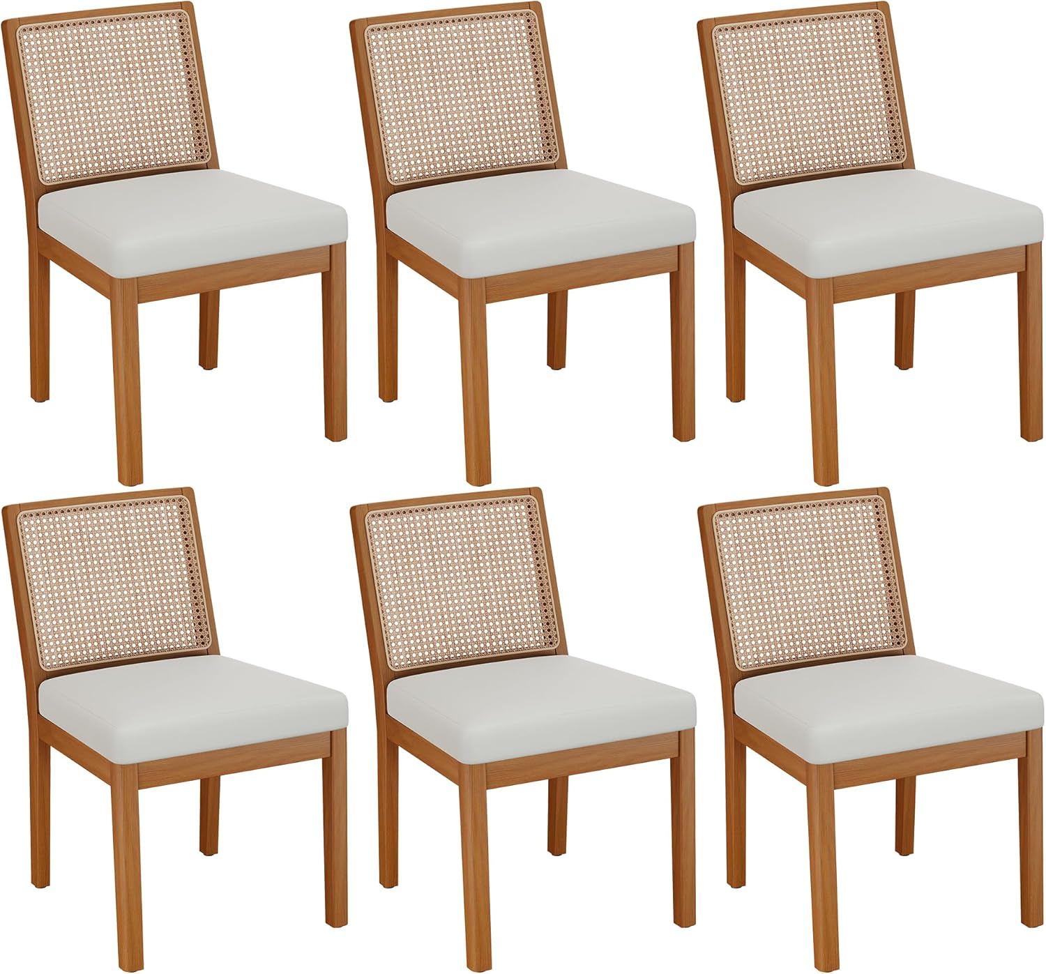 Andeworld Farmhouse Natural Rattan Dining Chairs Set of 6, Upholstered Mid Century Modern Kitchen Dining Room Side Chairs, Armless Faux Leather Kitchen Chairs with Wood Frame, Beige