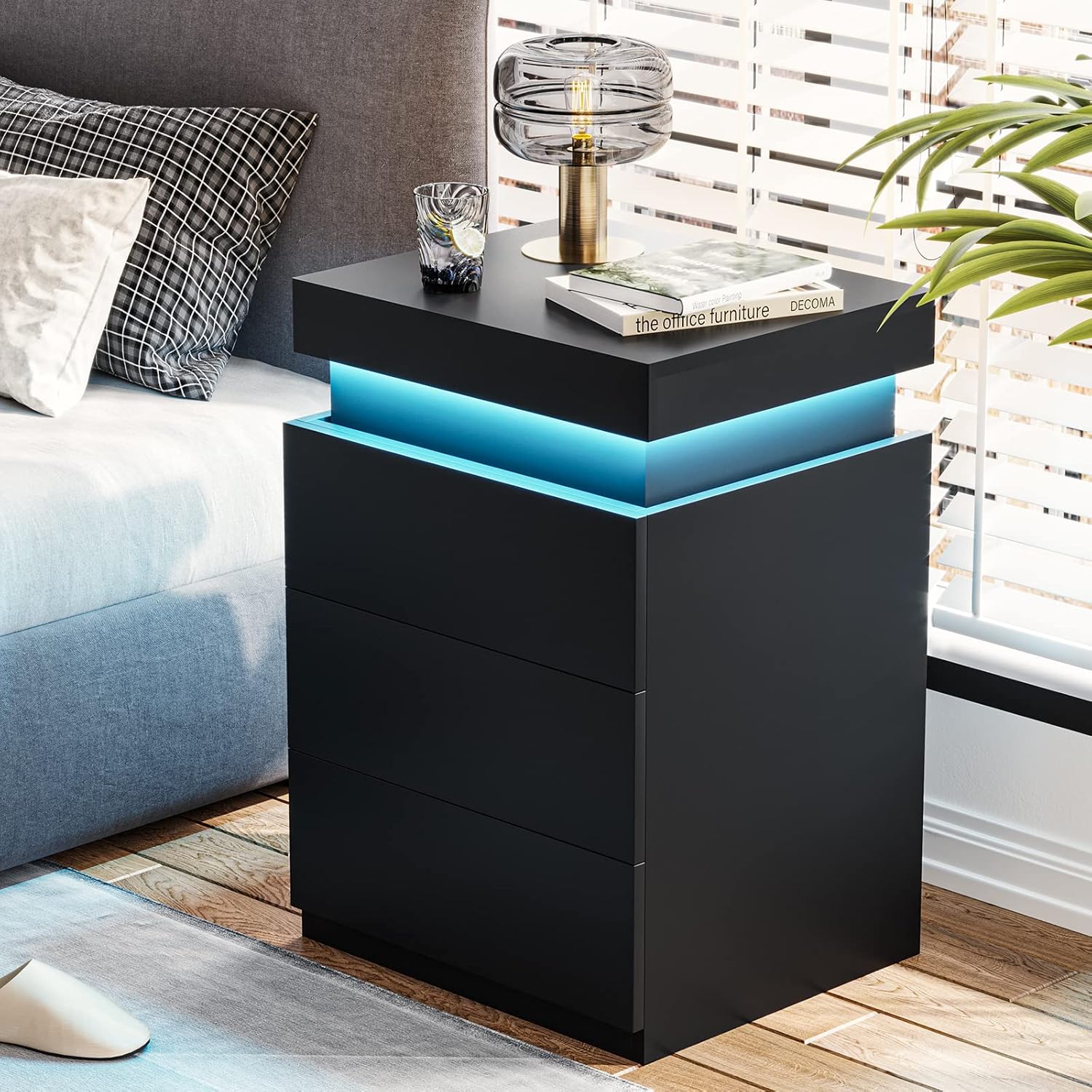 ADORNEVE Black Nightstand with Charging Station and LED Lights | Modern Night Stand with Sliding Top,Bedside Table with Drawers,Bed Side Tables Bedroom