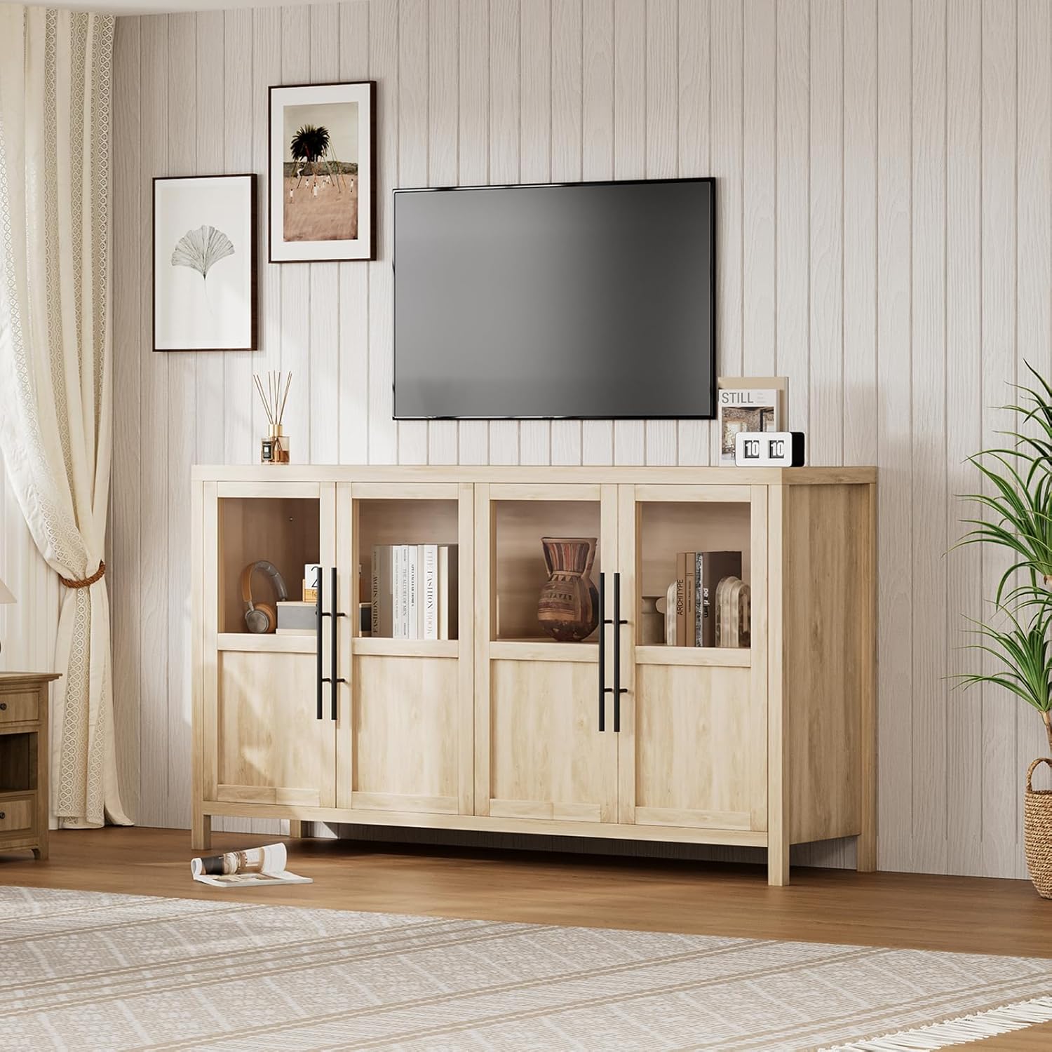 GarveeHome Sideboard Buffet Cabinet with 4 Glass Doors, 55 in Buffet Table Coffee Bar Wine Bar Display Cabinet for Kitchen Dining Room, Living Room (Glass with 4 Doors, Natrual)