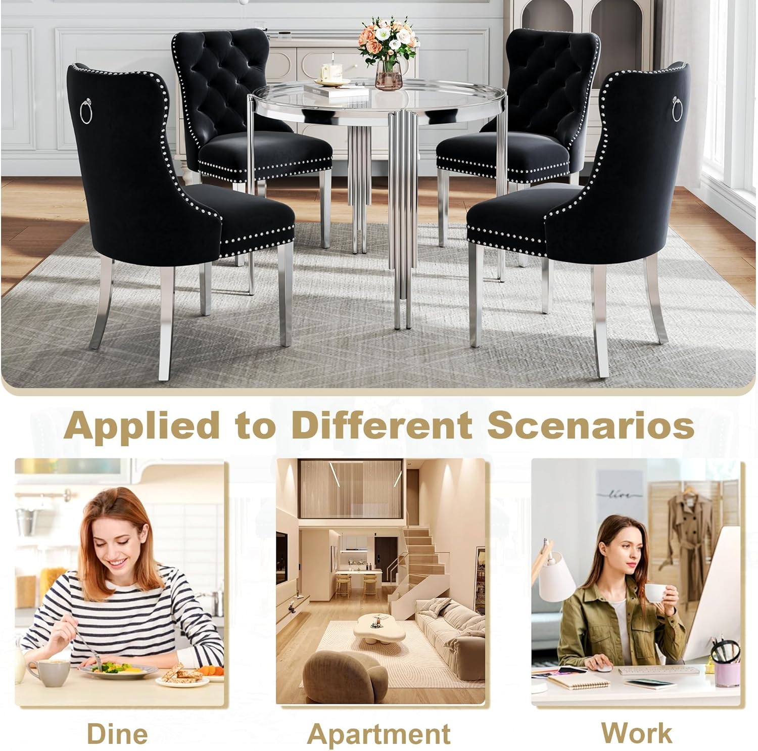 Luxury Round Glass Silver Dining Table Set for 4, 5-Piece Modern Kitchen Table Set with 4 Black Velvet Chairs for Kitchen Dining Room Apartment