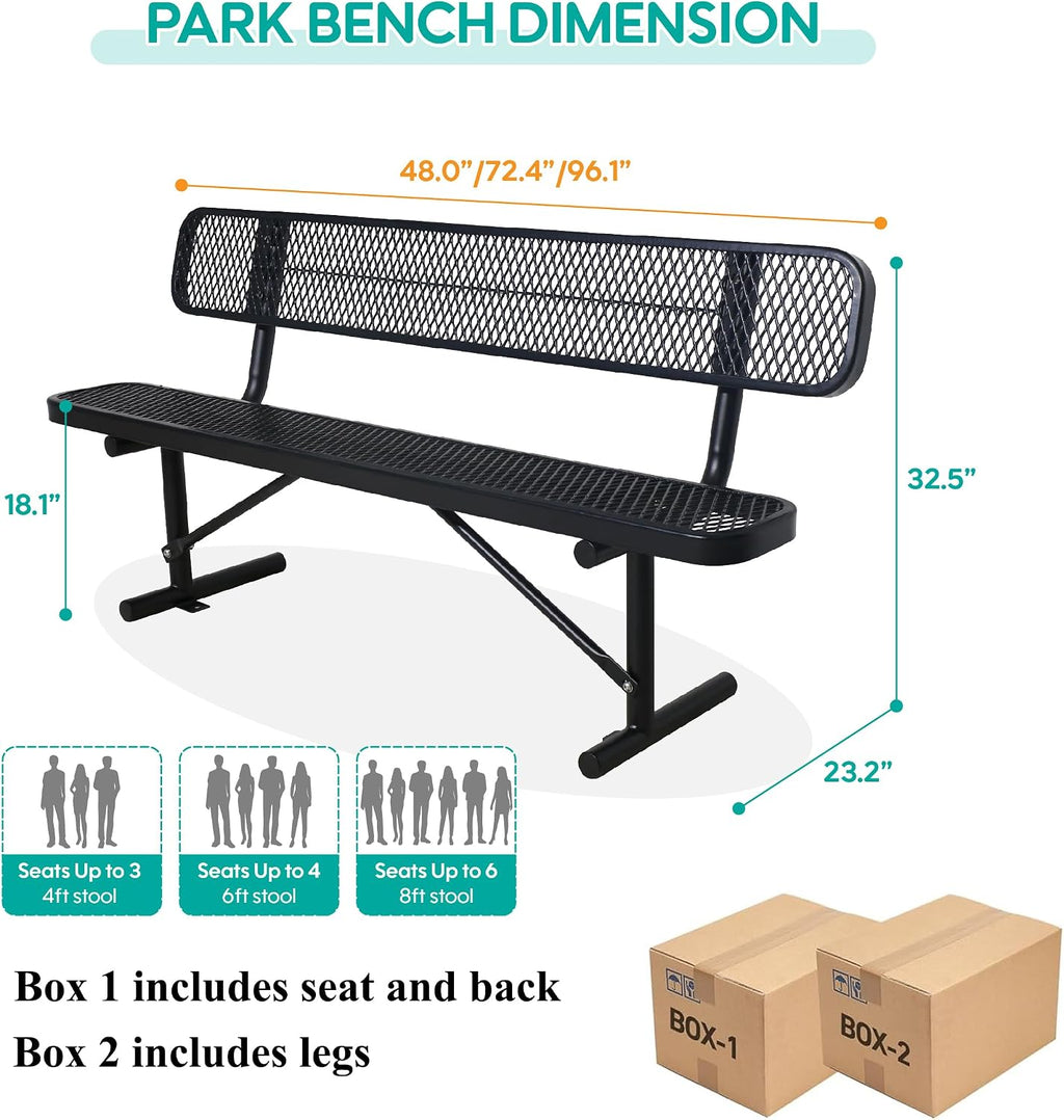 4FT Heavy Duty Metal Park Bench for Outside, Thermoplastic-Coated Weatherproof Outdoor Bench with Backrest & Portable Frame, Commercial Benches for Shopping Mall, Store, Park, Patio, Porch, Black