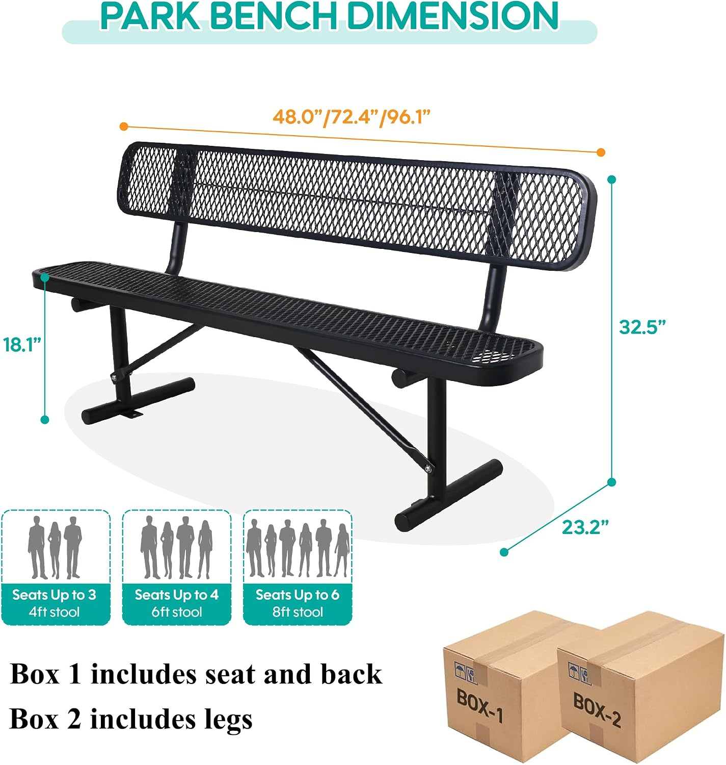 4FT Heavy Duty Metal Park Bench for Outside, Thermoplastic-Coated Weatherproof Outdoor Bench with Backrest & Portable Frame, Commercial Benches for Shopping Mall, Store, Park, Patio, Porch, Black