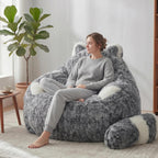 EBENCHICO Giant Bean Bag Chair for Adults Teens, Raccoon Shaped Faux Fur Bean Bag Sofa with Filler, Plush Beanbag Couch with Tail Pillow for Gaming, Reading, Bedroom, Dorm
