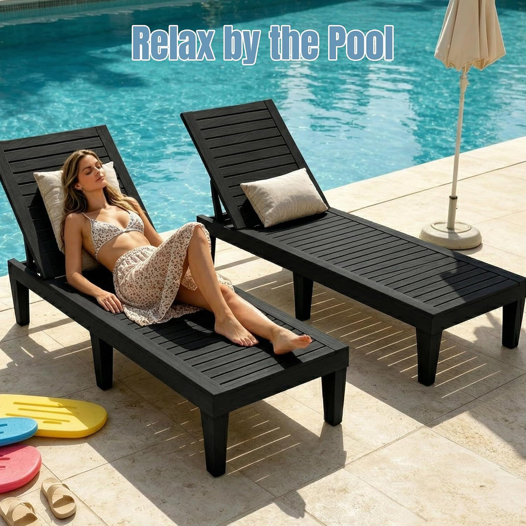 EFU Lounge Chair Outdoor, Set of 2 High-Impact PP Tanning Chairs, Black | All-Weather UV-Resistant & Waterproof Patio, Heavy Duty Pool Lounge Chairs Great for Pool & Yard, 5 Position Adjustable