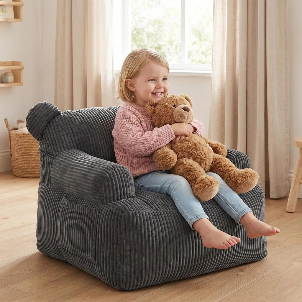 Kids Bear Ear Bean Bag Chair, Stuffed Toddler Sofa Chair with Pocket, Lazy Floor Chair for Boys and Girls, for Gaming, Reading, Nursery Playroom Bedroom