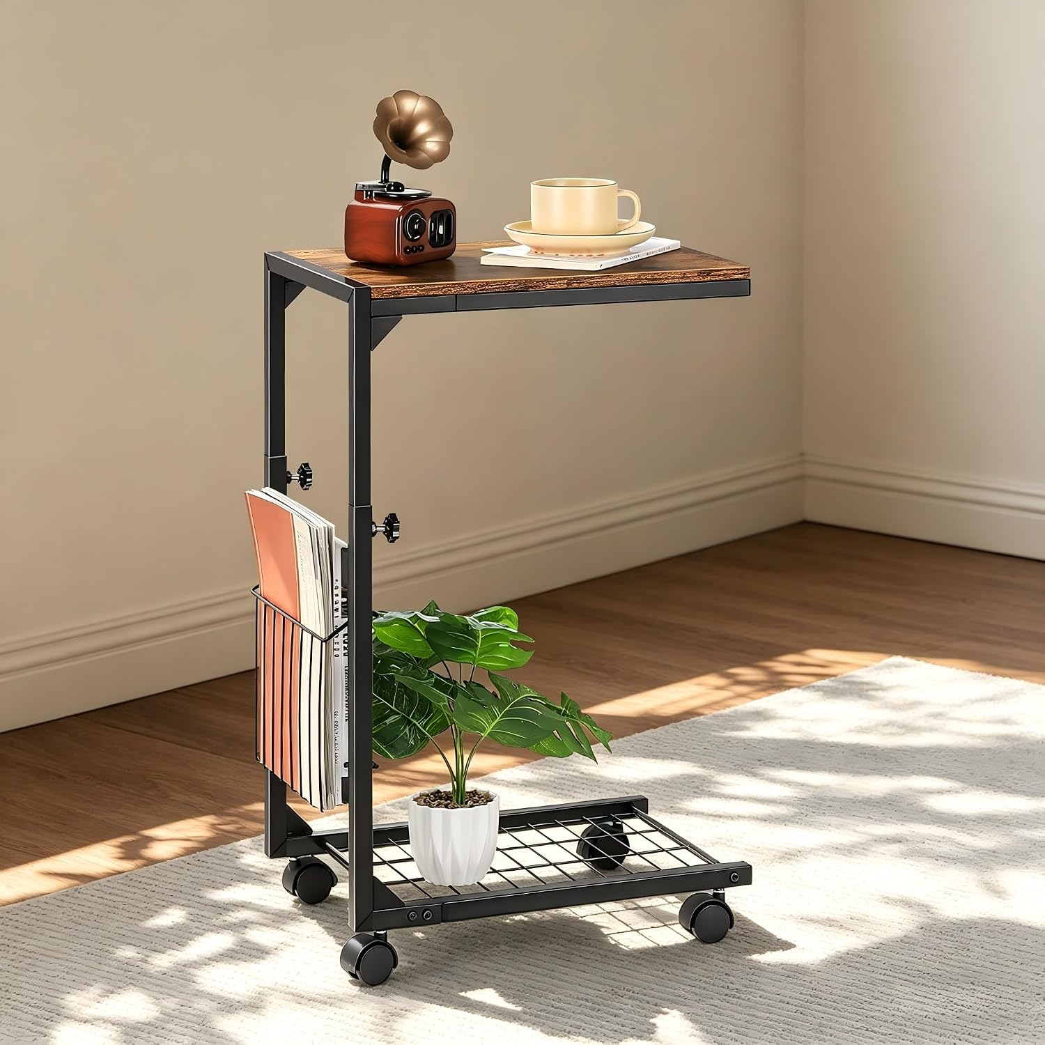C Shaped Side Table Small End Table with Wheels Slide Under Couch Table for Sofa C Table with Metal Frame Adjustable Height Sofa Table for Living Room Bedroom Small Space, Rustic Brown