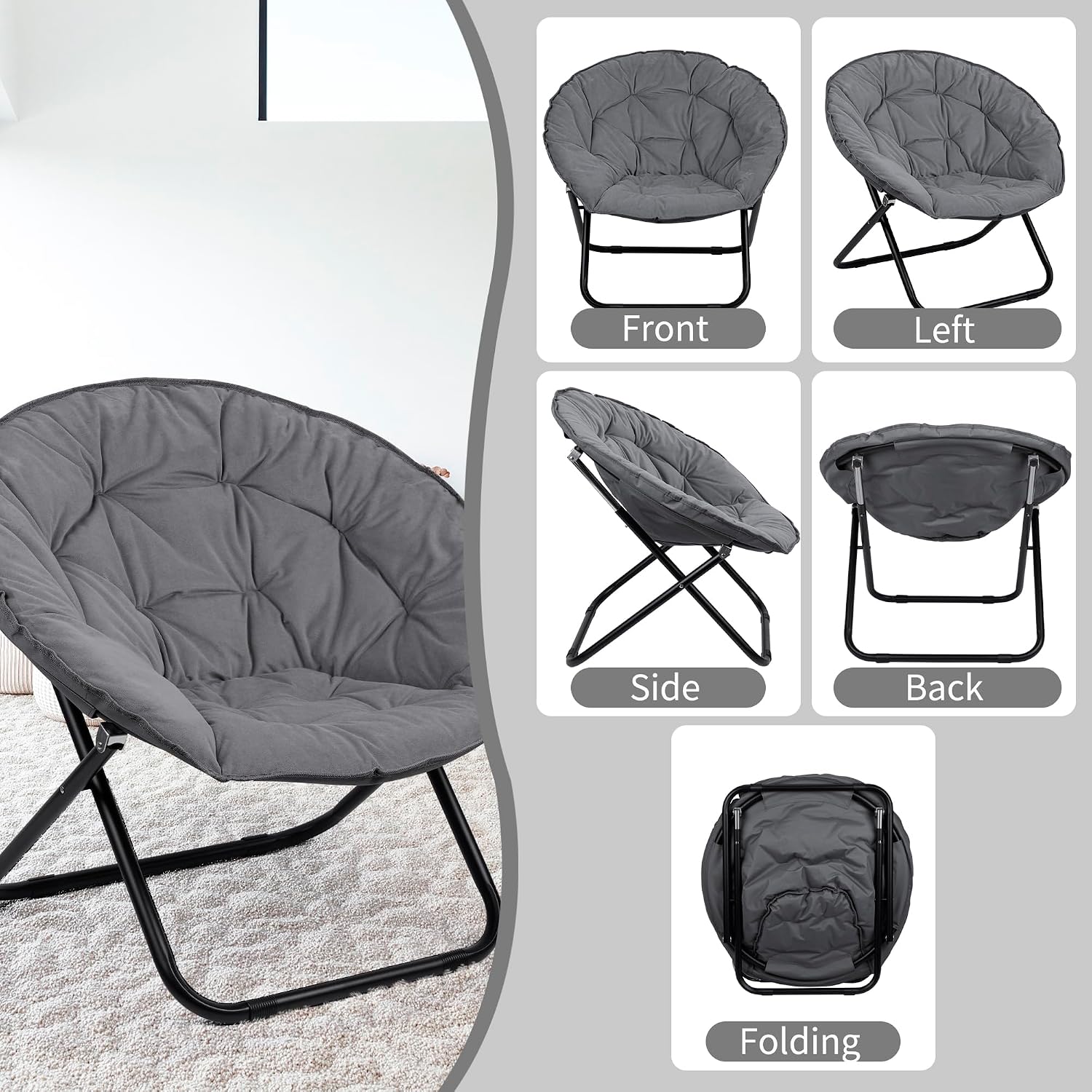 Folding Faux Fur Saucer Chair,Portable Folding Soft Moon Chair for Bedroom, Dorm Rooms, Apartments, Lounging, Garden and Courtyard, Grey