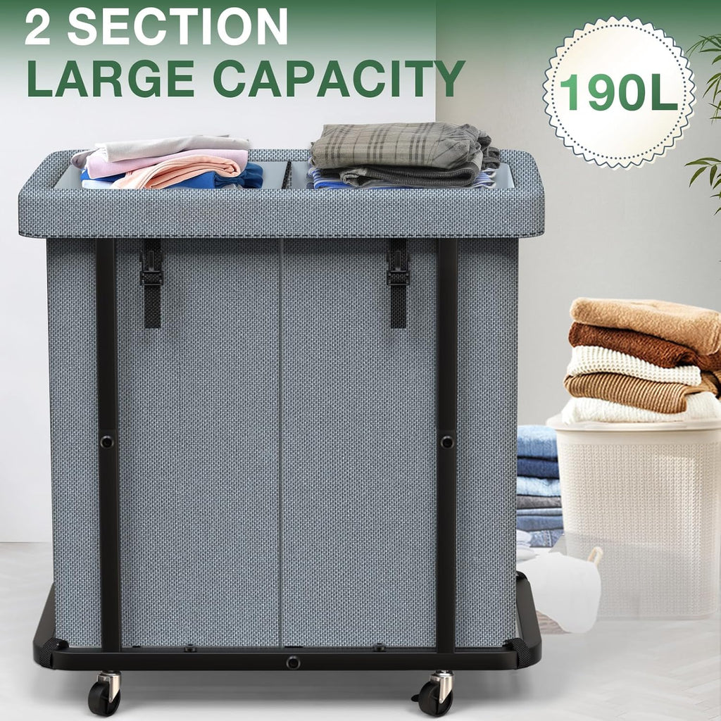 50 Gal(190L) Laundry Basket with Lid, Rolling Laundry Hamper with Wheels, Dirty Clothes Hamper with Metal Frame and Removable Bag Design, Suitable for Laundry Room, Bedroom(Grey, 2 Section 190L)
