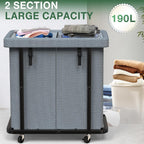 50 Gal(190L) Laundry Basket with Lid, Rolling Laundry Hamper with Wheels, Dirty Clothes Hamper with Metal Frame and Removable Bag Design, Suitable for Laundry Room, Bedroom(Grey, 2 Section 190L)