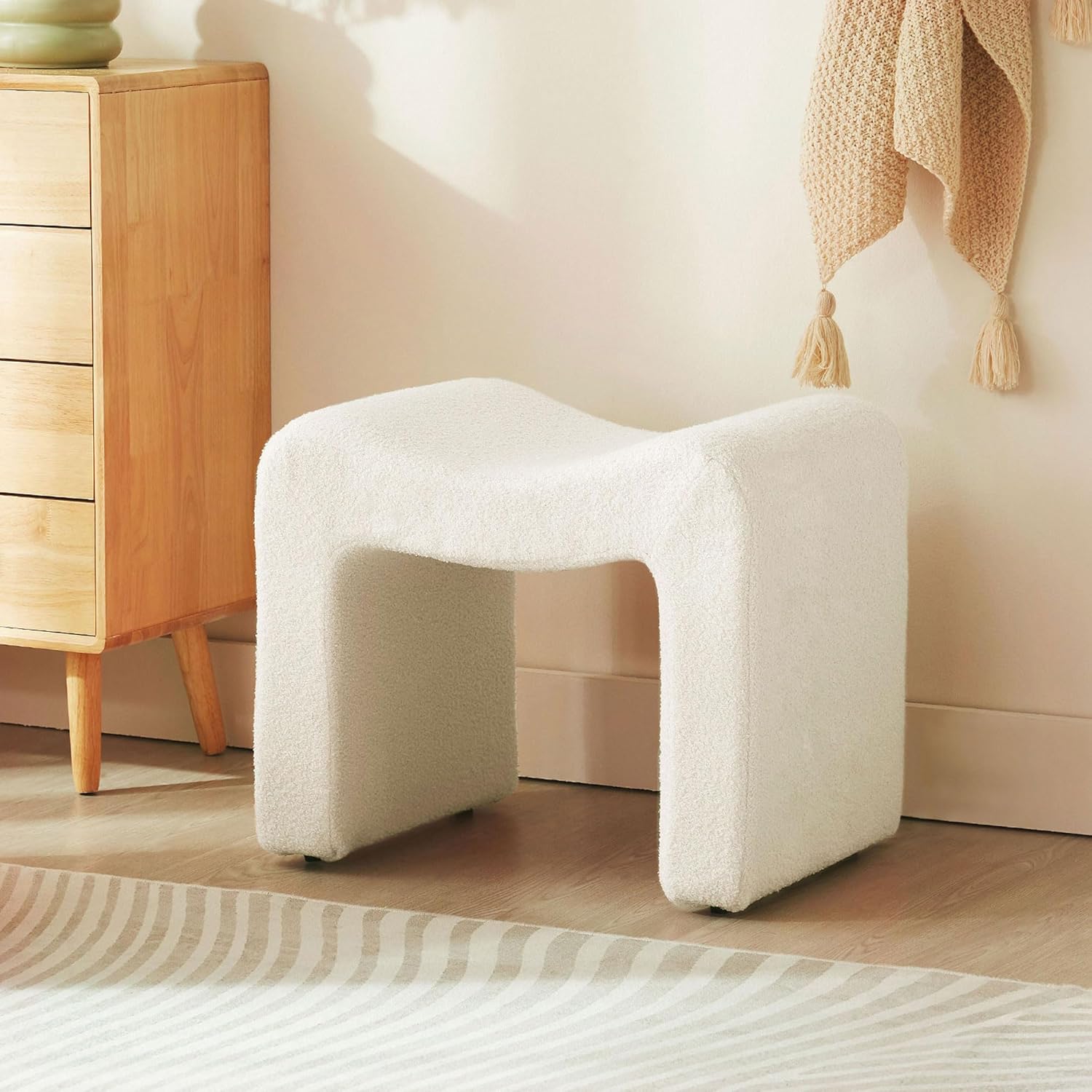 Ottoman Vanity Stool Chair Small Footstool Seating Backless Modern Foot Rest Teddy Velvet Ottoman for Makeup Room Living Room Bedroom Entryway,White (Single 1)
