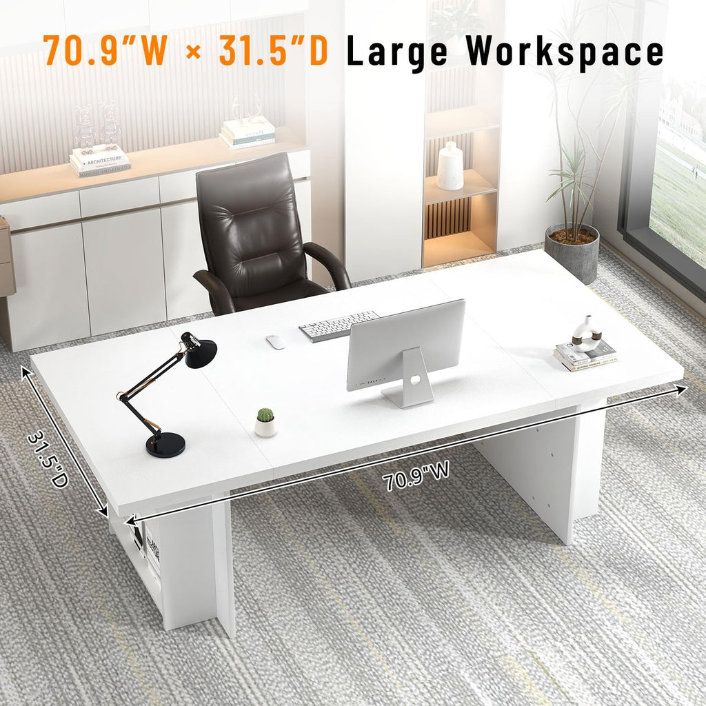FOLUBAN 70" White Computer Desk, Large Executive Desk for Home Office, Modern Wood Conference Table Workstation with Side Storage Shelves, Long Study Writing Gaming Table for 2 Person