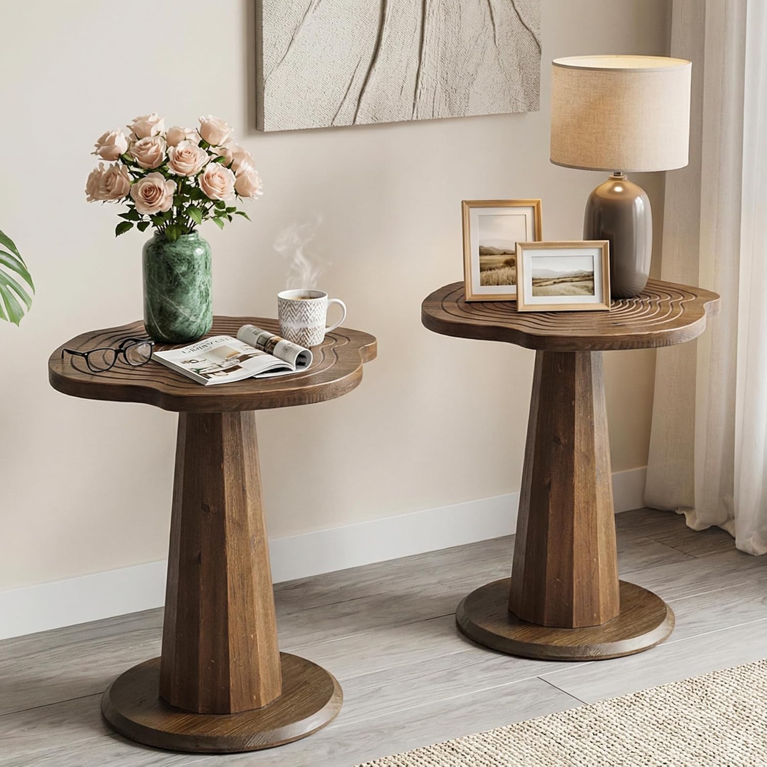 Solid Wood End Table, 20.87" Small Round Pedestal Side Table with Tree-Ring Patterns, Conical Base with Line Design for Living Room, Bedroom and Small Spaces