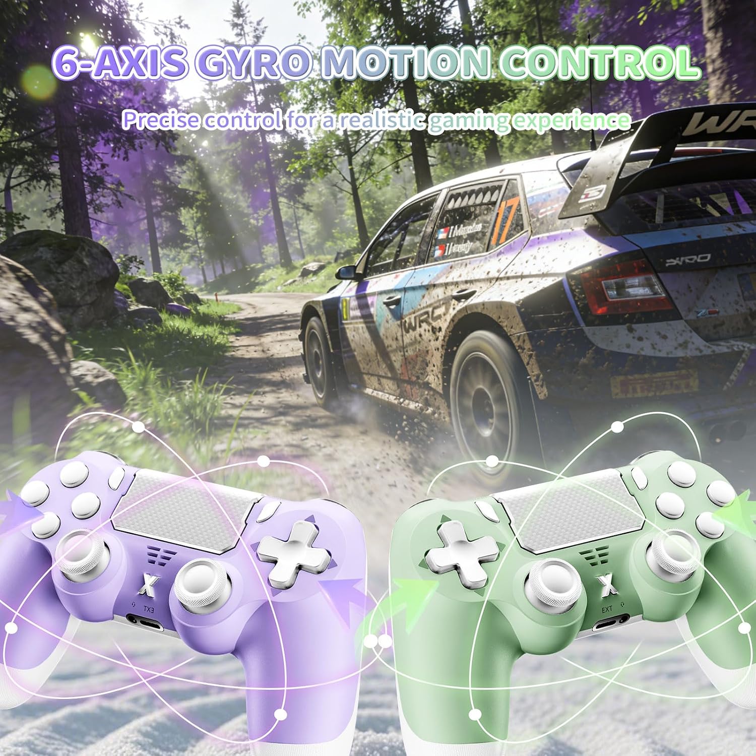 Puiseno Wireless Controller for PS-4, Dual Vibration Game Joystick/Motion Sensing/Touchpad/Speaker/3.5mm Audio Jack Headphone, Upgraded Six-Axis Sensor, Compatible with PS4/Slim/Pro Console/PC (green+purple)
