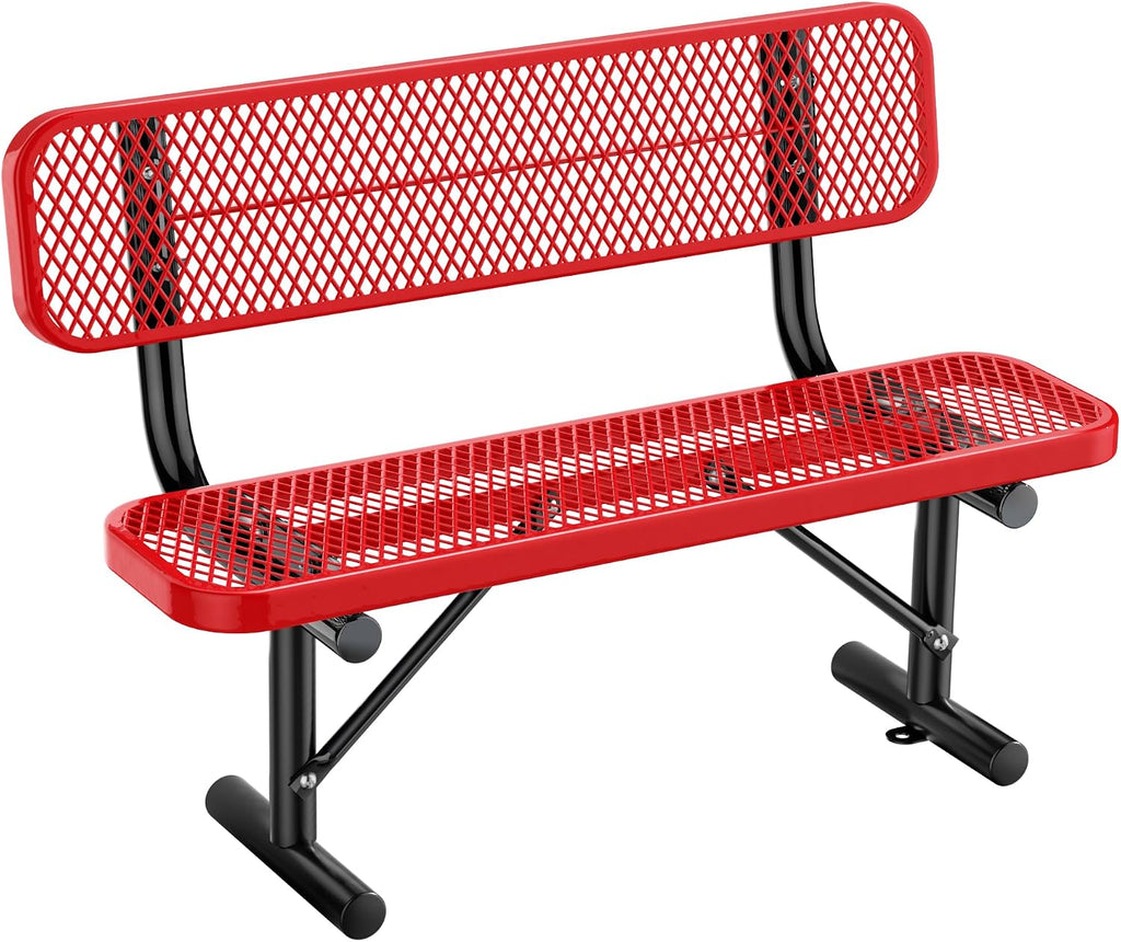4 Feet Heavy Duty Park Bench with Back Portable Frame, Outdoor Steel Bench with Backrest, Expanded Metal Mesh Bench for Lawn, Park, Deck, Garden, Patio, Porch, Red