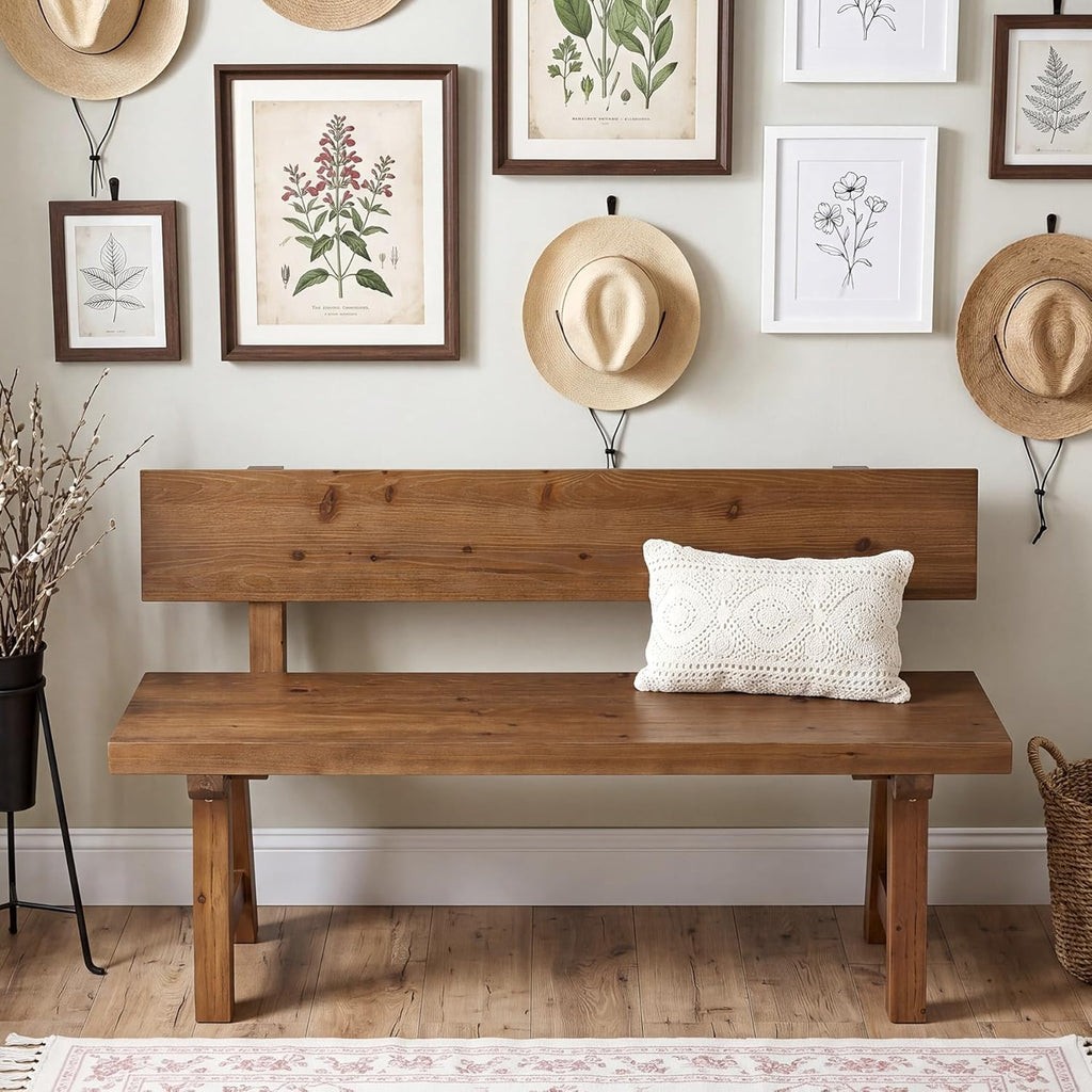 LITTLE TREE Solid Wood Bench with Back, 47-Inch Long Farmhouse Wooden Indoor Window Bench Seat for Entryway, Mudroom, Living Room, Easy Assembly, Rustic Brown