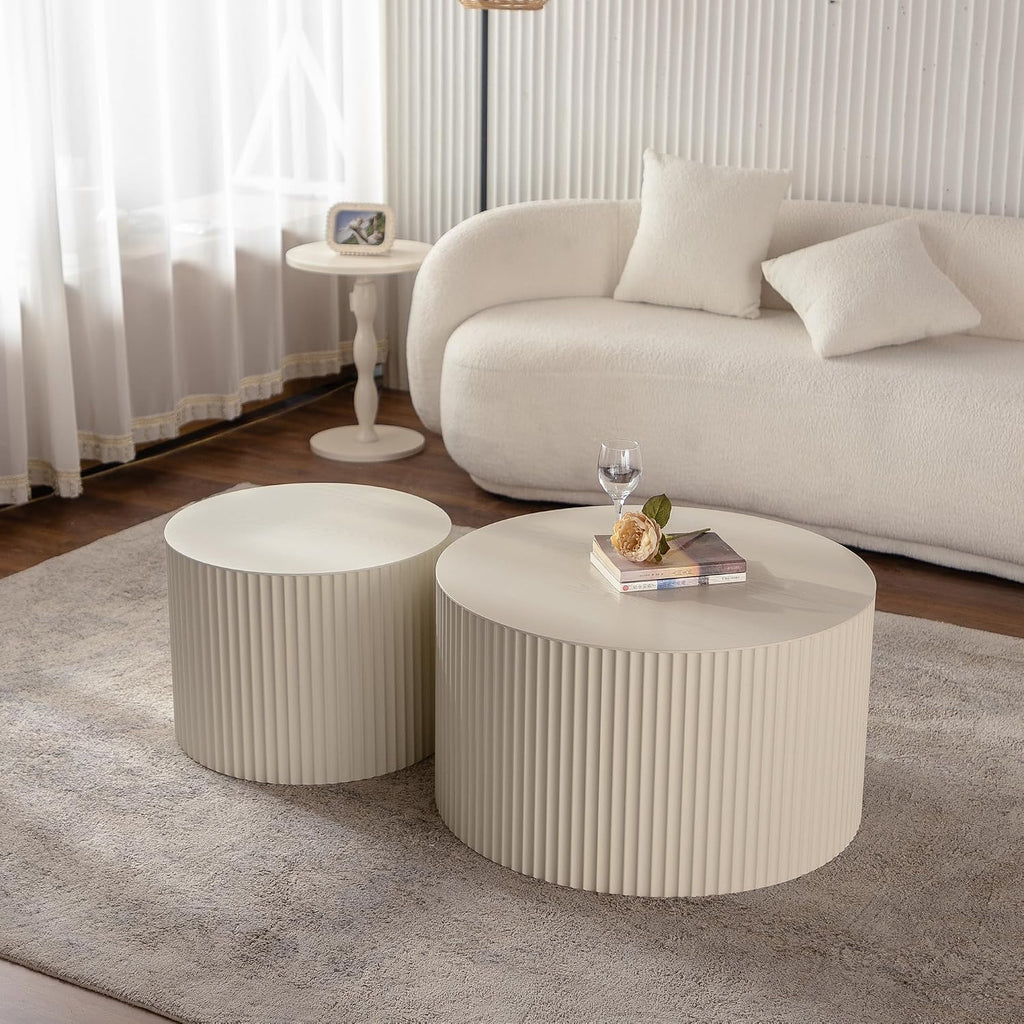 KEVINSPACE Nesting Coffee Table Set of 2 Circle CoffeeTable Modern NestingTables for Living Room Round Fluted Wooden CoffeeTabl No Need Assembly for Bedroom Balcony Lounge 47.25" Beige