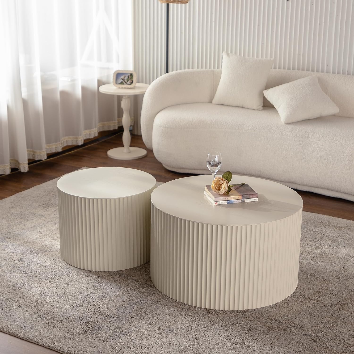 KEVINSPACE Nesting Coffee Table Set of 2 Circle CoffeeTable Modern NestingTables for Living Room Round Fluted Wooden CoffeeTabl No Need Assembly for Bedroom Balcony Lounge 47.25" Beige
