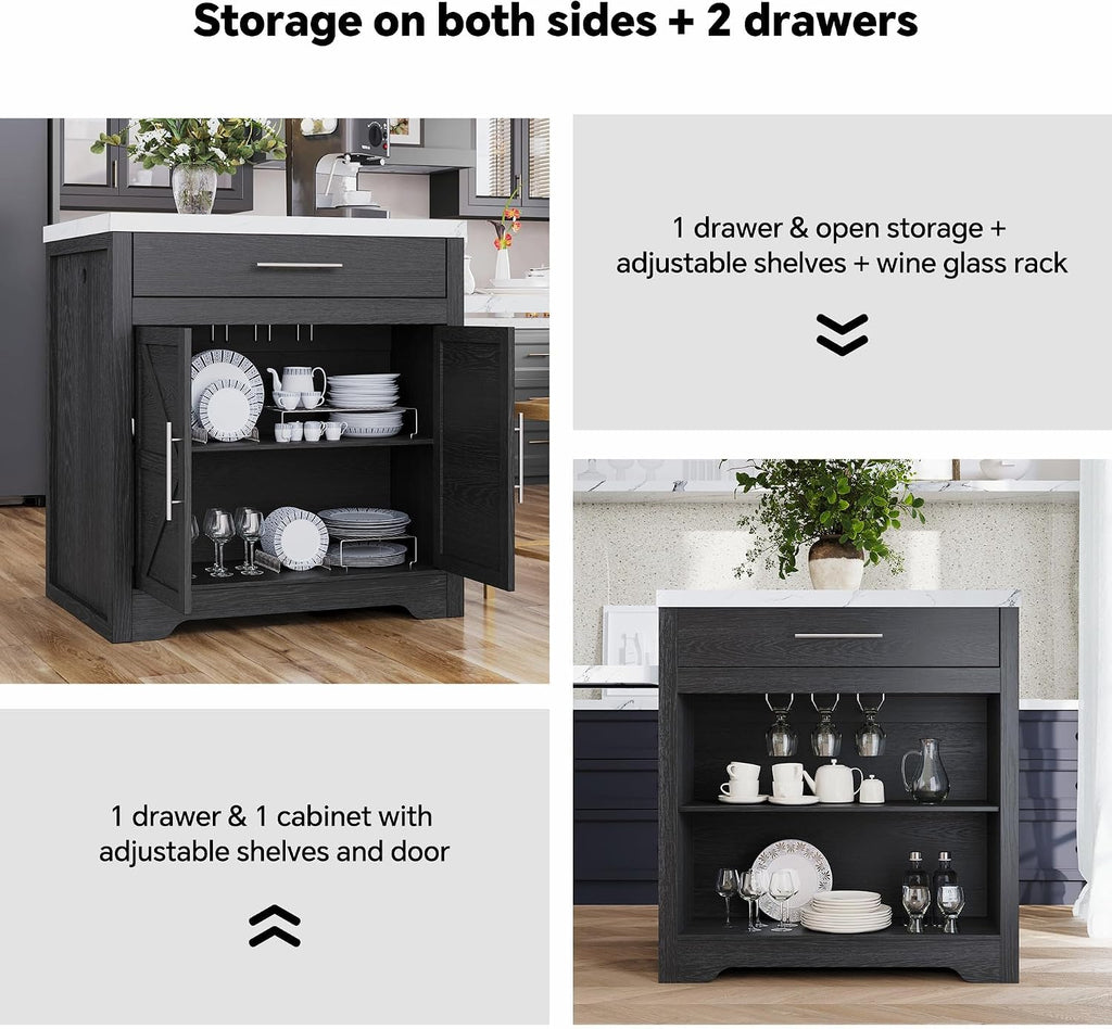 Kitchen Island with Extendable Dining Table for 4-6, Farmhouse Rolling Mobile Center Islands with Storage, Wine Glass Rack, Charging Station, 2 Drawers 2 Side Open Shelves, White marble-patterned