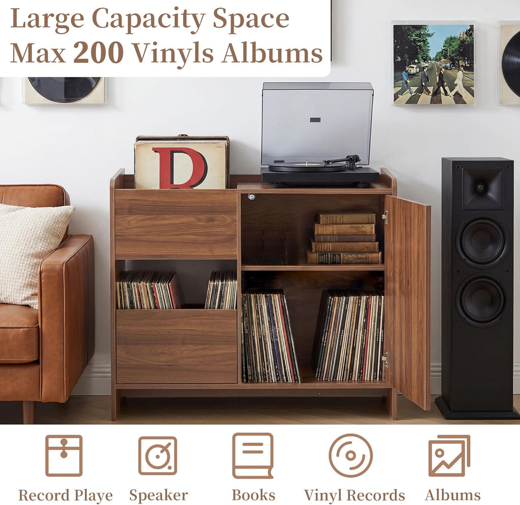 Bifins Record Player Stand with Drawer and Door, Mid Century Modern Turntable Cabinet with Vinyl Storage, Wood Record Player Table for Living Room & Music Room (Walnut)