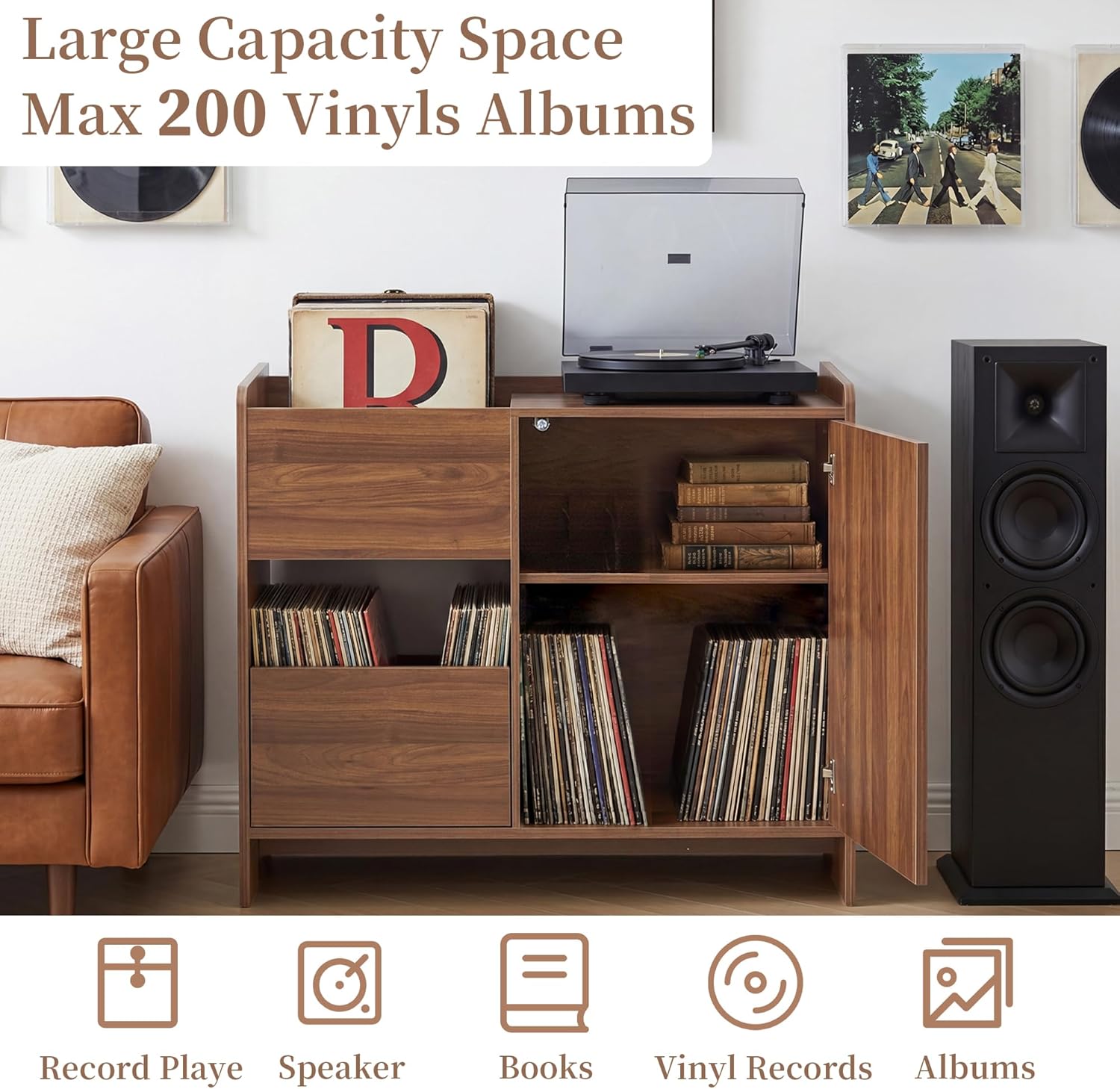 Bifins Record Player Stand with Drawer and Door, Mid Century Modern Turntable Cabinet with Vinyl Storage, Wood Record Player Table for Living Room & Music Room (Walnut)