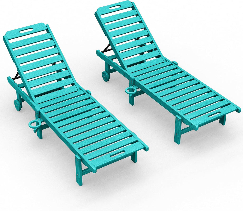 KINGYES Outdoor Armless Chaise Lounge Set of 2, HDPE Pool Lounge Chairs with Cup Holder & Wheels, Patio Lounger Chairs for Poolside, Aruba