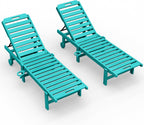 KINGYES Outdoor Armless Chaise Lounge Set of 2, HDPE Pool Lounge Chairs with Cup Holder & Wheels, Patio Lounger Chairs for Poolside, Aruba
