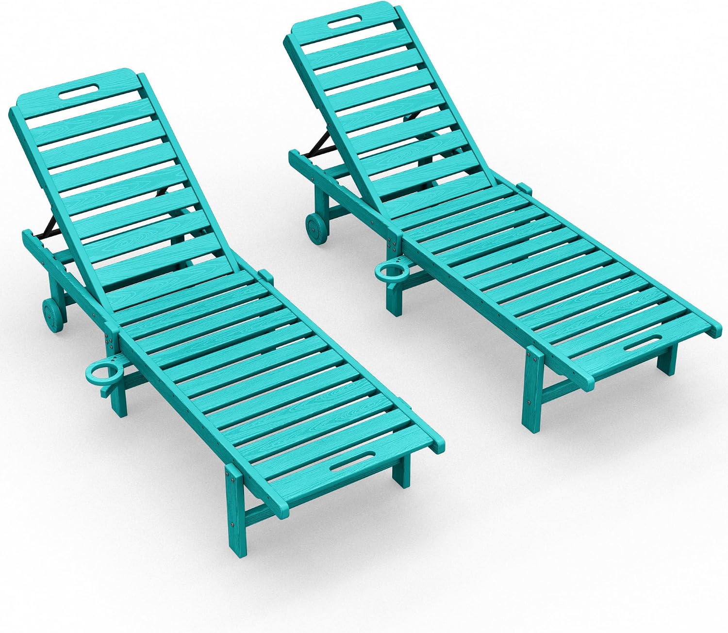 KINGYES Outdoor Armless Chaise Lounge Set of 2, HDPE Pool Lounge Chairs with Cup Holder & Wheels, Patio Lounger Chairs for Poolside, Aruba