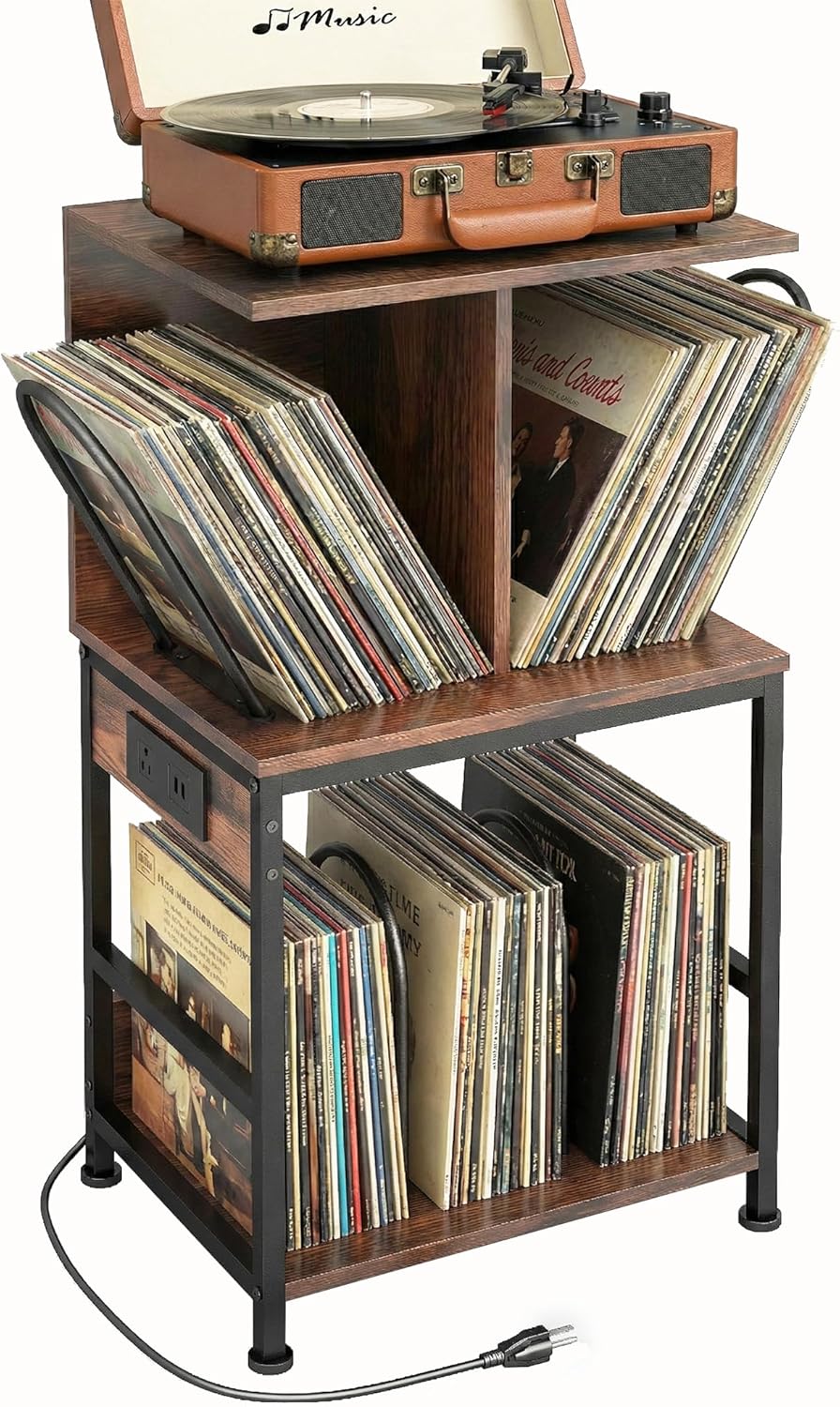 Record Player Stand with Vinyl Storage, Large Record Table Holds 180 Albums, Vinyl Record Storage Stand with USB Charger, Multi-Functional Side Table & Shelf for Living Room Bedroom