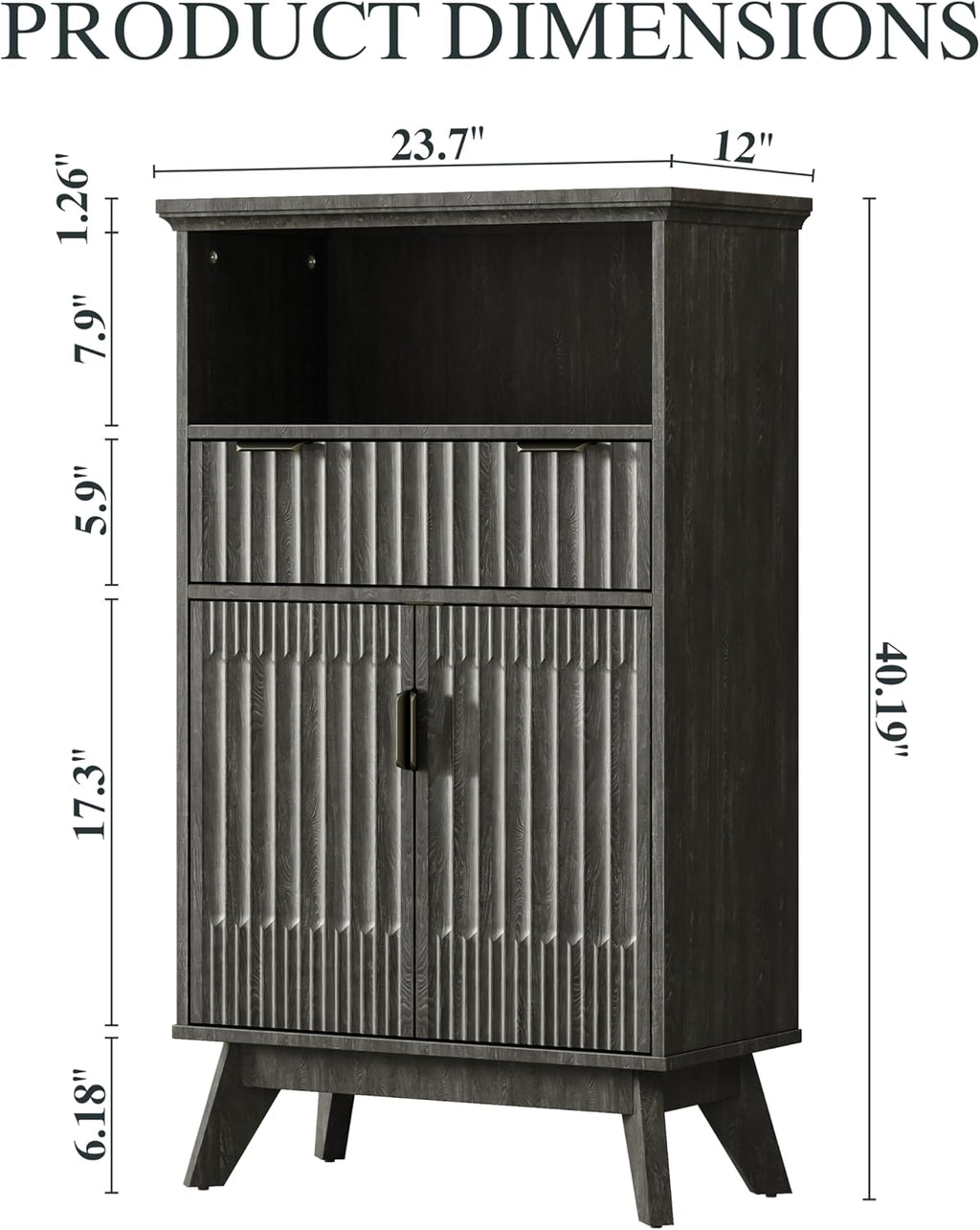 FLOWBACK Fluted Cabinet, 40'' High Coffee Bar with Drawer & Door, Small Decorative Cabinet Bathroom Storage with Open Shelf, Wood Kitchen Pantry Sideboard Buffet
