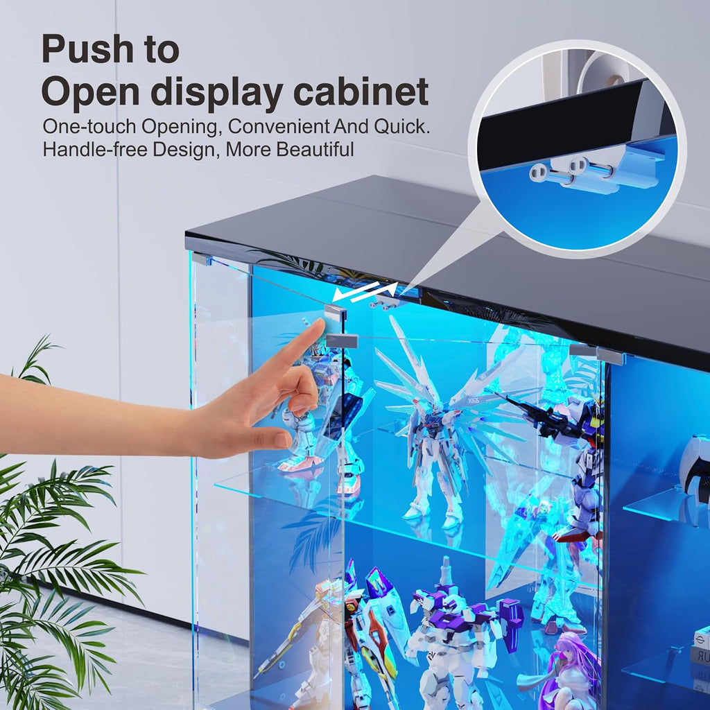 High Gloss Glass Display Cabinet with Lock & LED Light for Toys, Black | Curio Cabinet with Human Body Sensor & Glass Shelves, Display Case for Toys, Books, Collectibles, Sideboard for Living Room