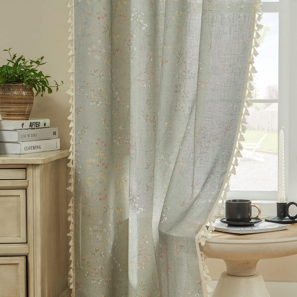 Joydeco Blue Floral Boho Curtains 96 Inches Long 2 Panels, Super Soft Bohemian Farmhouse Curtains with Tassels, Semi Sheer Light Filtering Drapes for Bedroom Living Room (Rod Pocket, 52Wx96L)