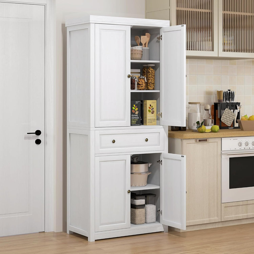 72.5" Tall Farmhouse Kitchen Pantry Storage Cabinet, Freestanding Kitchen Cabinet with 4 Doors, Drawer and Adjustable Shelves for Dining Room, Distressed White,16 * 30 * 72.5