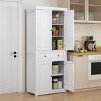 72.5" Tall Farmhouse Kitchen Pantry Storage Cabinet, Freestanding Kitchen Cabinet with 4 Doors, Drawer and Adjustable Shelves for Dining Room, Distressed White,16 * 30 * 72.5