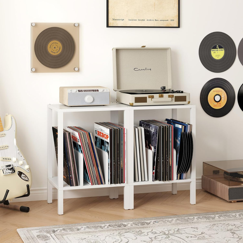 TUTOTAK 2-Tier End Table,Record Player Stand with Vinyl Record Storage up to 100 Albums,Multi-Functional Side Table for Living Room, Bedroom, White TB01BW070