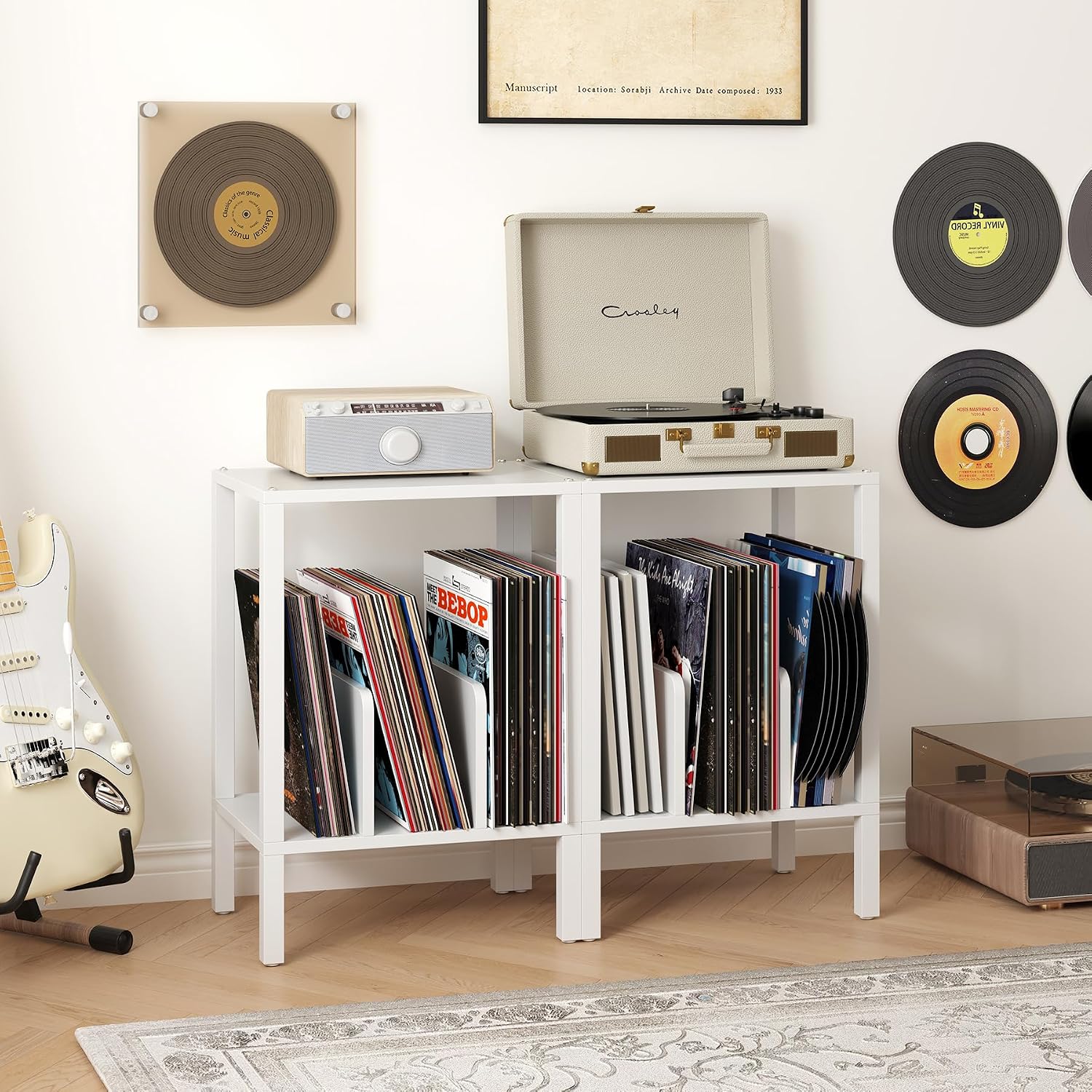 TUTOTAK 2-Tier End Table,Record Player Stand with Vinyl Record Storage up to 100 Albums,Multi-Functional Side Table for Living Room, Bedroom, White TB01BW070