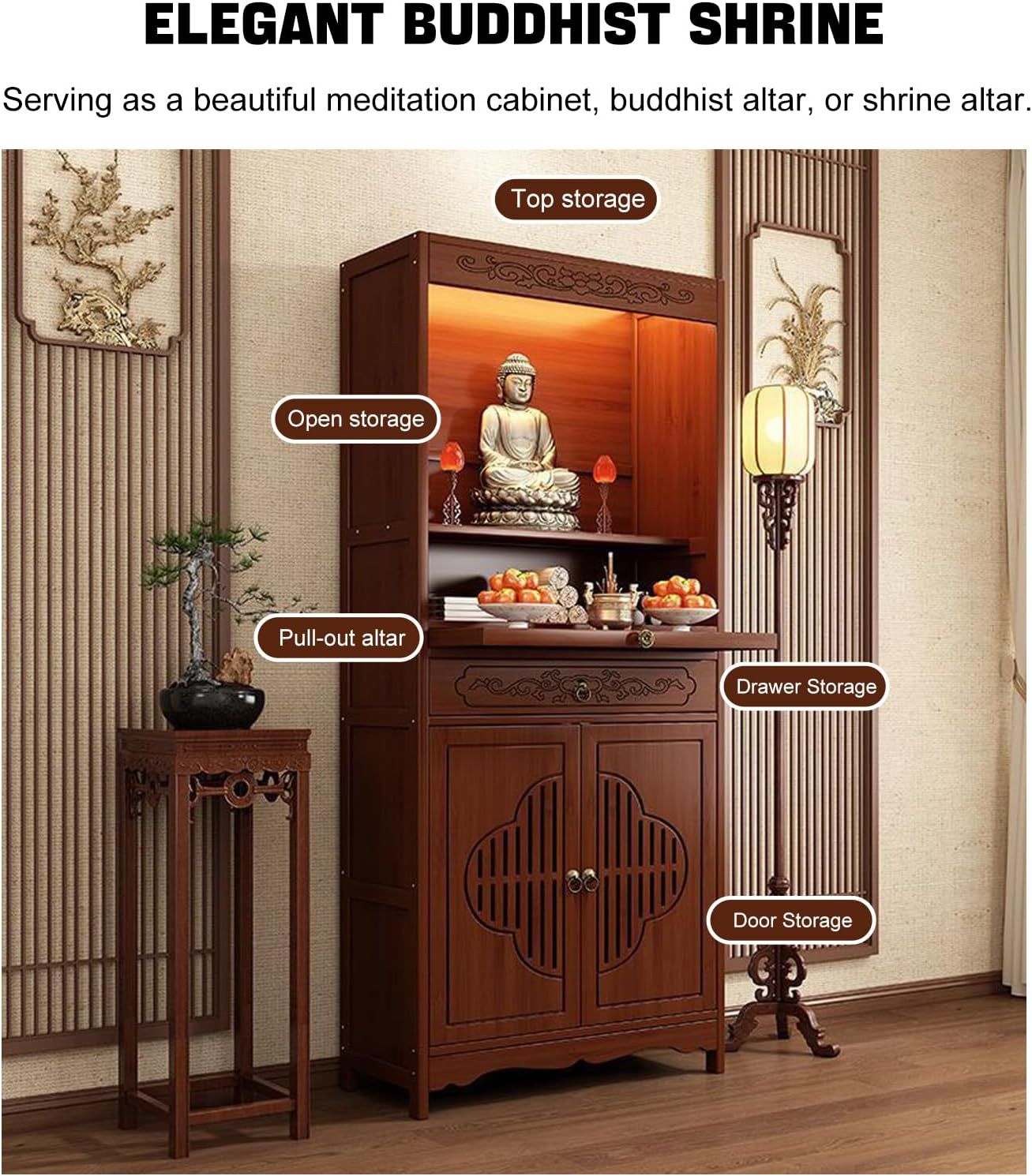Meditation Altar Table with Storage, Bamboo Buddhist Altar, Shrine Altar Cabinet with Drawers for Worship & Prayer, Suit for Home, Business, Temple (C, 14.9inch)