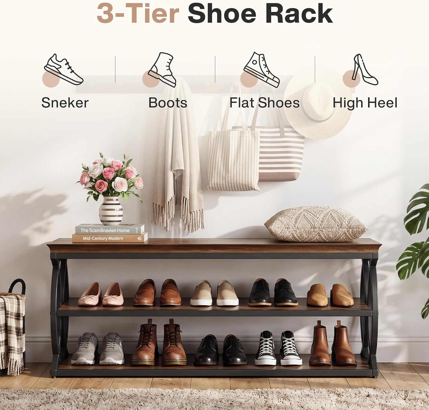 Tribesigns Entryway Shoe Storage Bench, 3-Tier Industrial Wooden Shoe Rack with Storage, Rustic Shoe Organizer with Sturdy Metal Frame for Hallway, Living Room, Closet