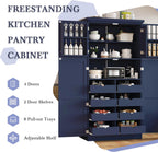 Merax 35.5x17.6x70.9 inches Freestanding Kitchen Pantry Cabinet, Tall Storage Cabinet with 4 Doors, 2 Door Shelves, 8 Pull-Out Trays and Adjustable Shelf for Dining Room, Blue