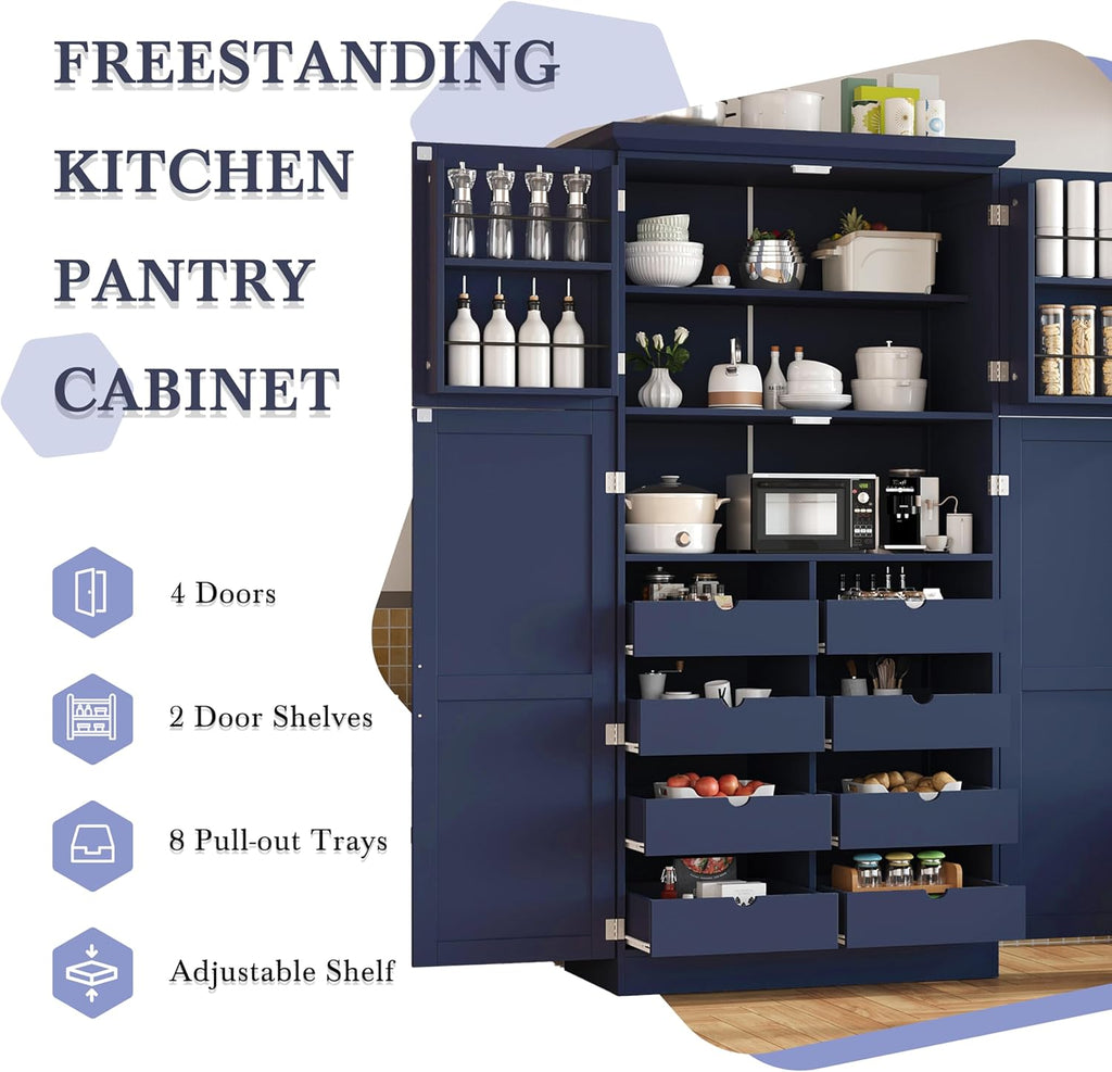 Freestanding Cabinet with 4 Doors, 2 Door Shelves, Tall Storage Cabinet with 8 Pull-Out Trays and Adjustable Shelf for Dining Room Kitchen Pantry (Blue)