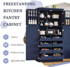 Freestanding Cabinet with 4 Doors, 2 Door Shelves, Tall Storage Cabinet with 8 Pull-Out Trays and Adjustable Shelf for Dining Room Kitchen Pantry (Blue)
