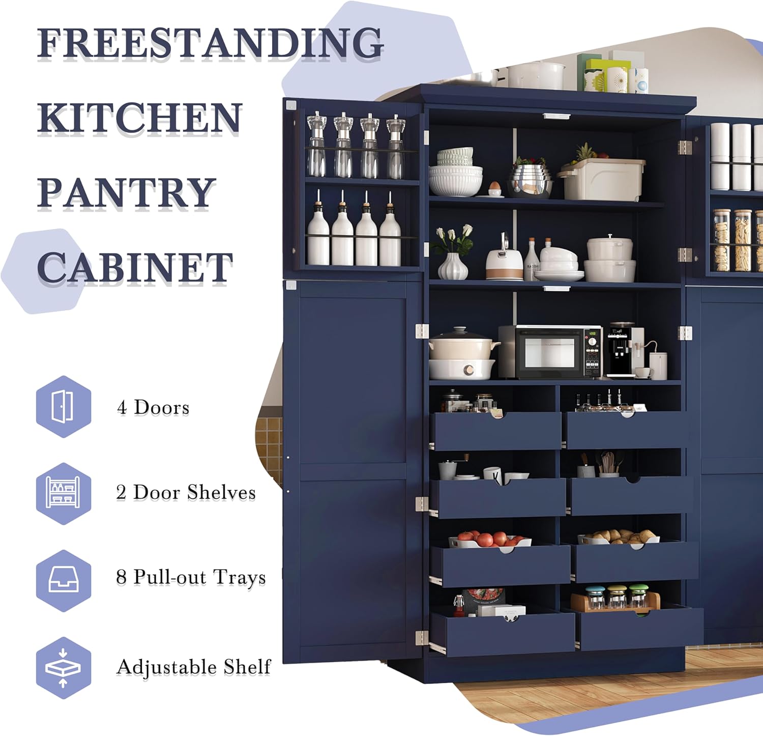 Freestanding Cabinet with 4 Doors, 2 Door Shelves, Tall Storage Cabinet with 8 Pull-Out Trays and Adjustable Shelf for Dining Room Kitchen Pantry (Blue)