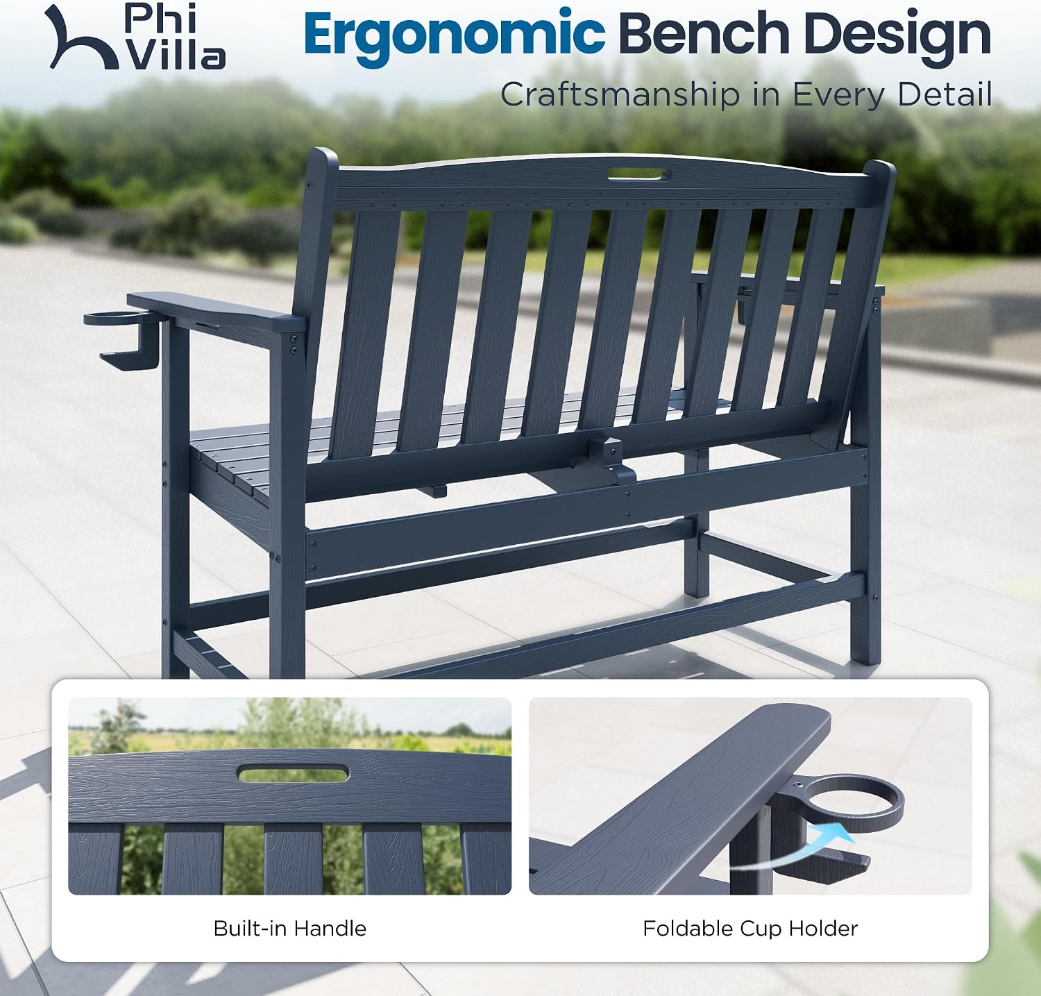 PHI VILLA 50 Inches HDPE Outdoor Bench Weatherproof Garden Bench with 700 lbs Capacity, 2-Person Patio Benches for Outside, Park, Yard and Porch, Navy Blue