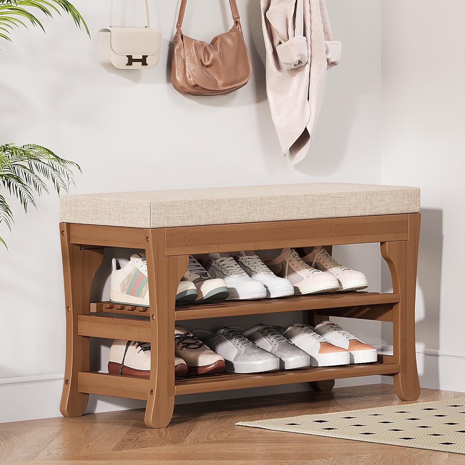 PETKABOO 27.6" Shoe Storage Bench with Cushion, Bamboo Shoe Rack Bench, 2-Tier Entryway Shoe Organizer, Supports up to 350 LB, for Hallway, Bedroom, Closet, Living Room