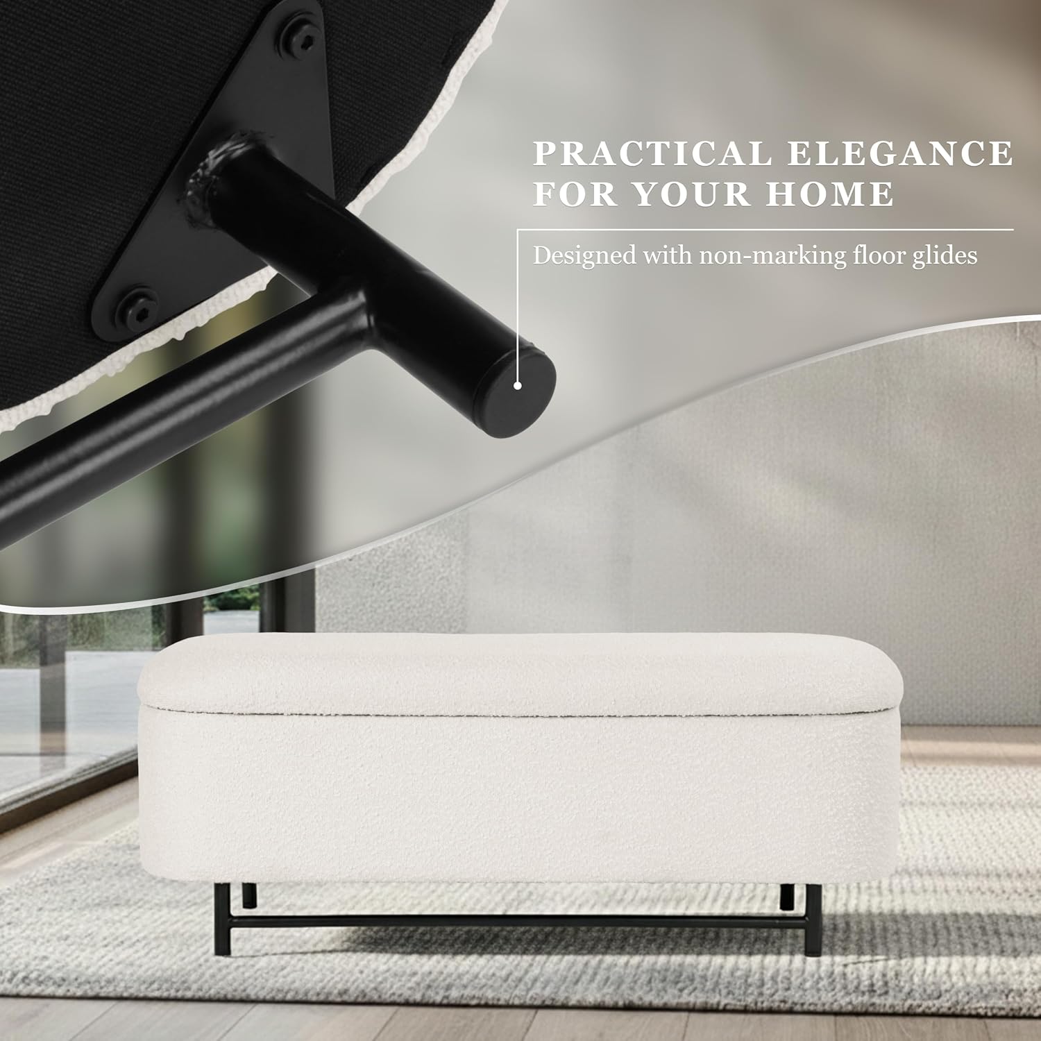 HomePop 46" Ellipse Storage Bench with Metal Legs - Cream Boucle