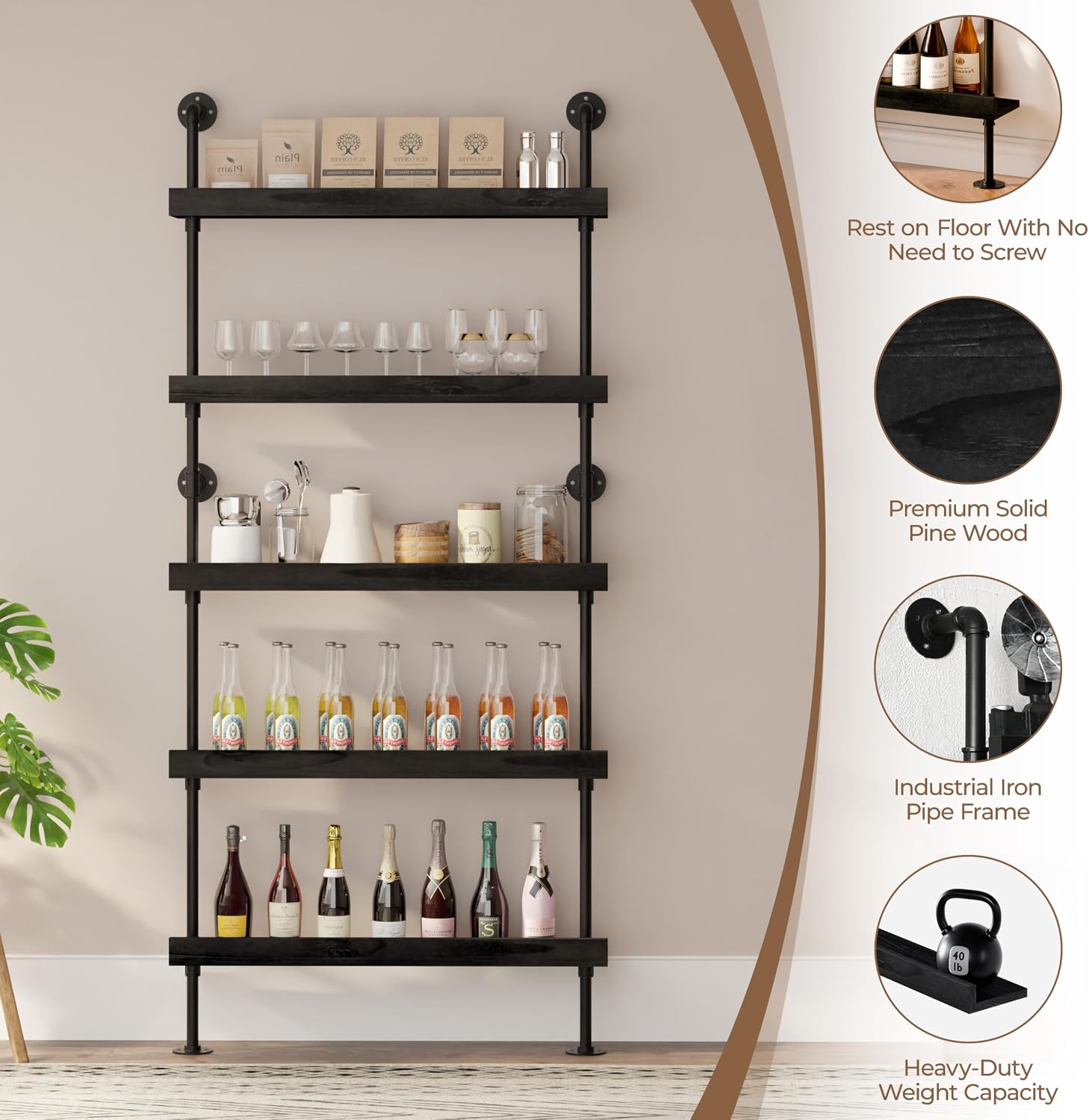 Industrial Wine Rack Wall Mounted, Industrial Pipe Bar Shelf for Wine Display, 5-Tier Rustic Hanging Organizer for Wine Bottle Storage in Kitchen, Bar, Pub, Cellar(Black, 36 Inch)