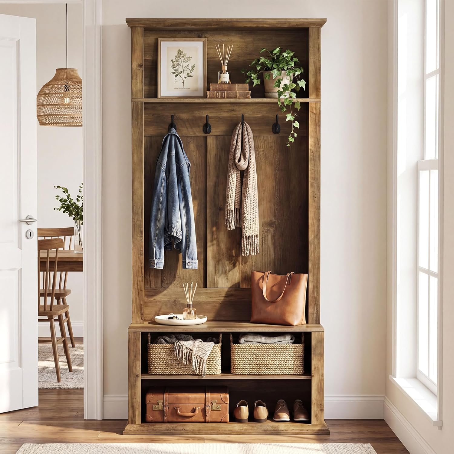 Tribesigns Hall Tree with Bench and Shoe Storage, 70.89" Tall Hall Tree with Coat Hooks, Open Shoe Shelves and Top Display Shelf, Entryway Coat Rack for Mudroom, Hallway, Bedroom, Rustic Brown