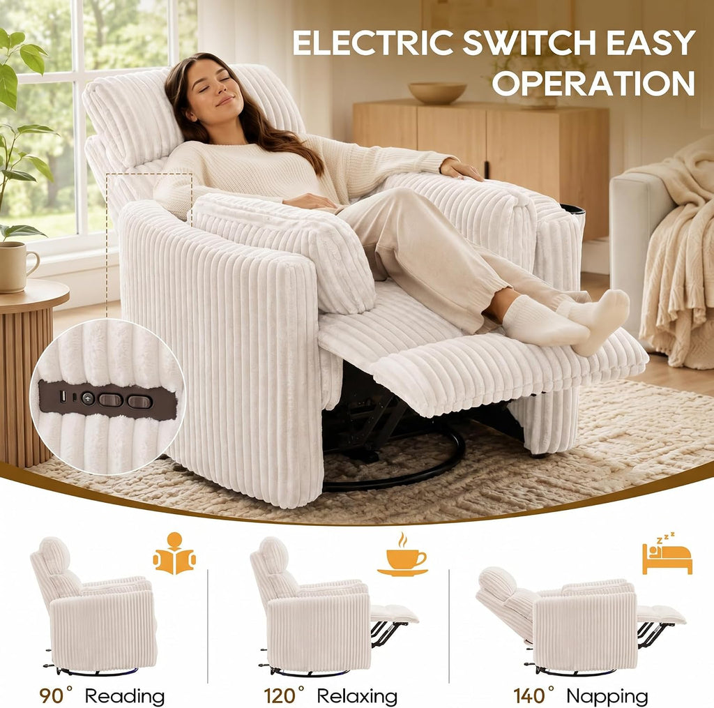 IPKIG Power Swivel Recliner Nursery Rocking Glider Chairs, Corduroy, Beige | LED Light, USB & Type-C Ports, and Cup Holder – Electric Rocking Reclining Chair for Baby Nursing, Living Room, and Bedroom